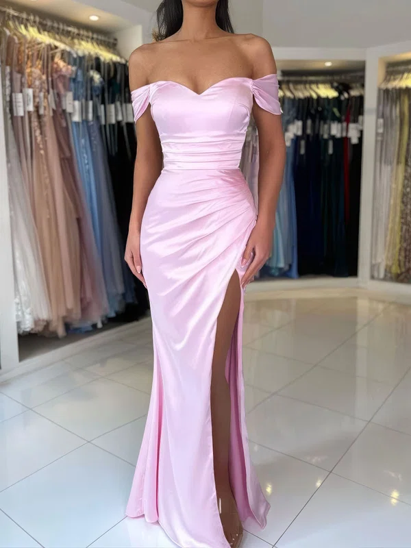 Sheath/Column Off-the-shoulder Satin Prom Dresses With Ruched #Milly020125570