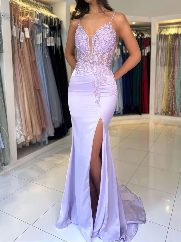 Sheath/Column V-neck Satin Prom Dresses With Appliques #Milly020125574