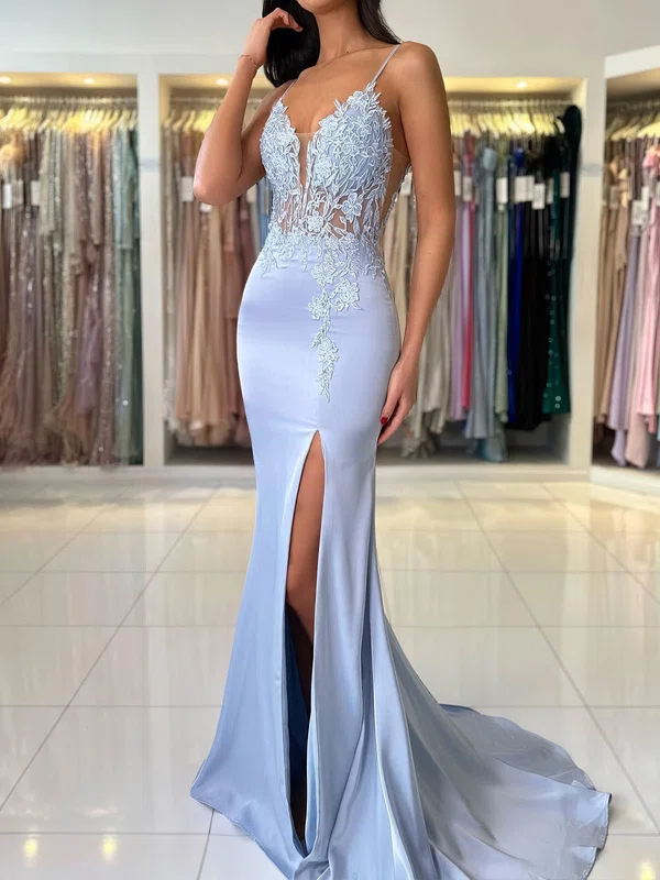 Sheath/Column V-neck Satin Prom Dresses With Appliques #Milly020125575