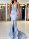 Sheath/Column V-neck Satin Prom Dresses With Appliques #Milly020125575