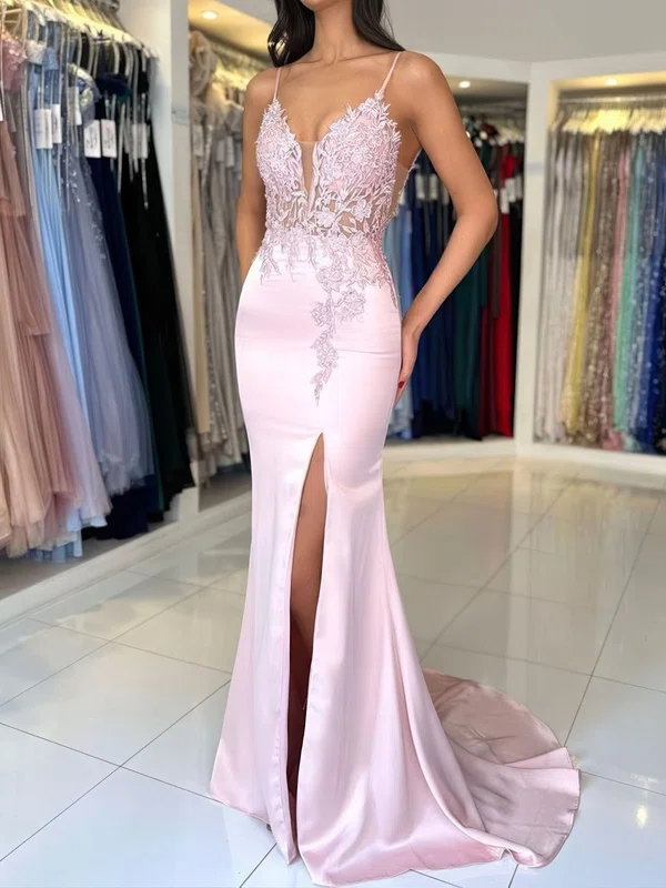 Sheath/Column V-neck Satin Prom Dresses With Appliques #Milly020125576