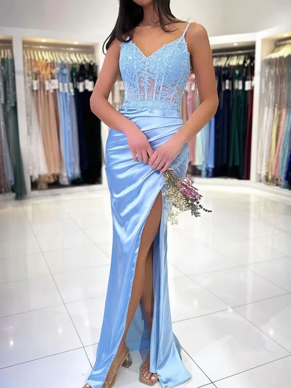 Sheath/Column V-neck Satin Corset Prom Dresses With Appliques #Milly020125581
