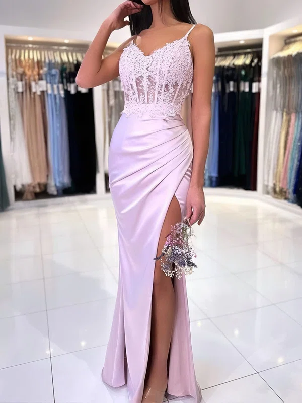 Sheath/Column V-neck Satin Corset Prom Dresses With Appliques #Milly020125582
