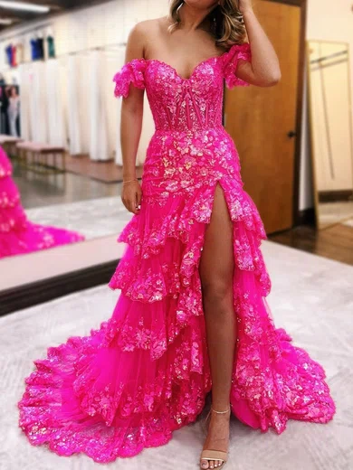 Mermaid Off-the-shoulder Sequin Tiered Prom Dresses #Milly020125594