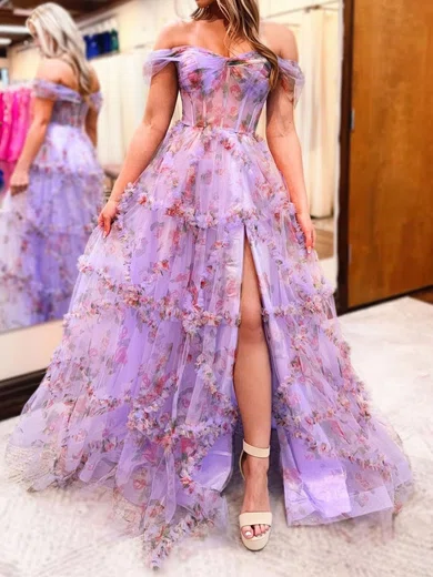 Ball Gown Off-the-shoulder Tulle Floral Prom Dresses With Ruffle #Milly020125601