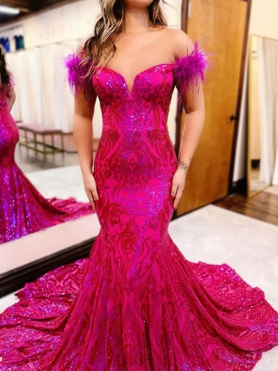 Mermaid Off-the-shoulder Sparkly Sequin Prom Dresses With Feather #Milly020125610