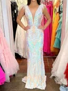 Sheath/Column V-neck Backless Sparkly Sequin Prom Dresses With Feather #Milly020125627