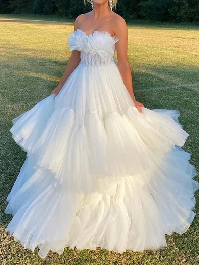 Ball Gown Strapless Tulle Ruffle Tiered Prom Dresses #Milly020125639