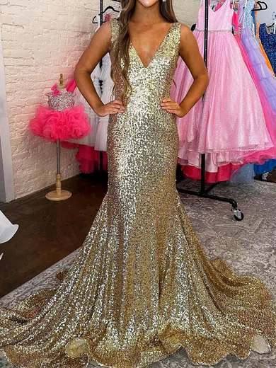 Mermaid V-neck Backless Sparkly Sequin Prom Dresses #Milly020125643