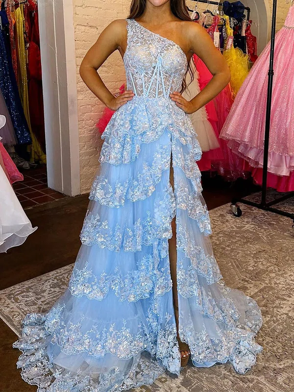 Ball Gown One Shoulder Tulle Tiered Prom Dresses With Appliques #Milly020125644