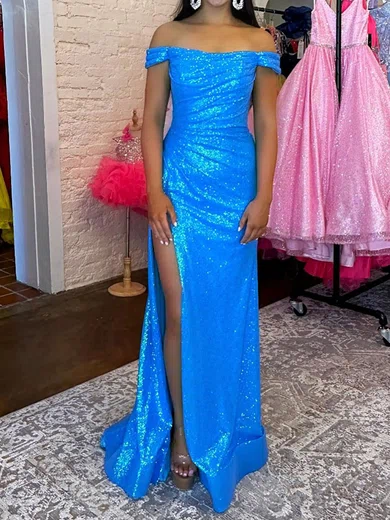 Sheath/Column Off-the-shoulder Sparkly Sequin Prom Dresses With Ruched #Milly020125646