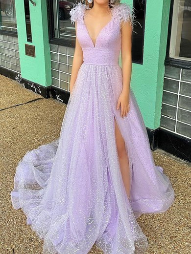 Glitter Ball Gown/Princess V-neck Feathers Split Prom Dresses #Milly020125650