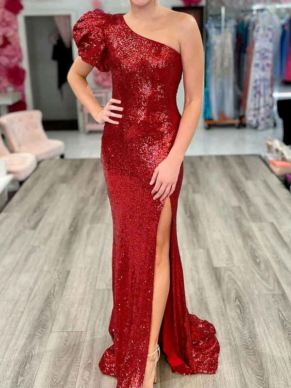 Sheath/Column One Shoulder Puff Sleeve Sparkly Sequin Prom Dresses #Milly020125653