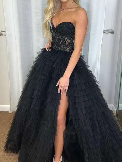 Ball Gown Strapless Tulle Tiered Prom Dresses With Appliques #Milly020125682