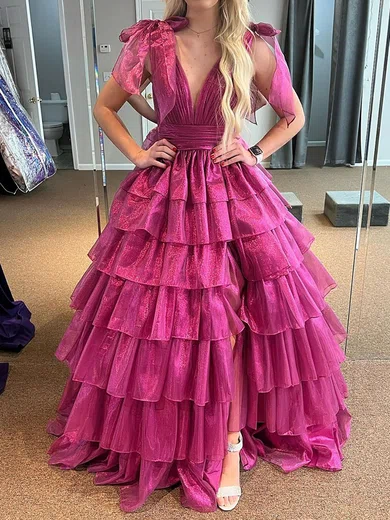 Ball Gown V-neck Tulle Backless Tiered Prom Dresses With Bow #Milly020125694