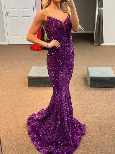 Mermaid V-neck Sparkly Velvet Sequin Prom Dresses #Milly020125699