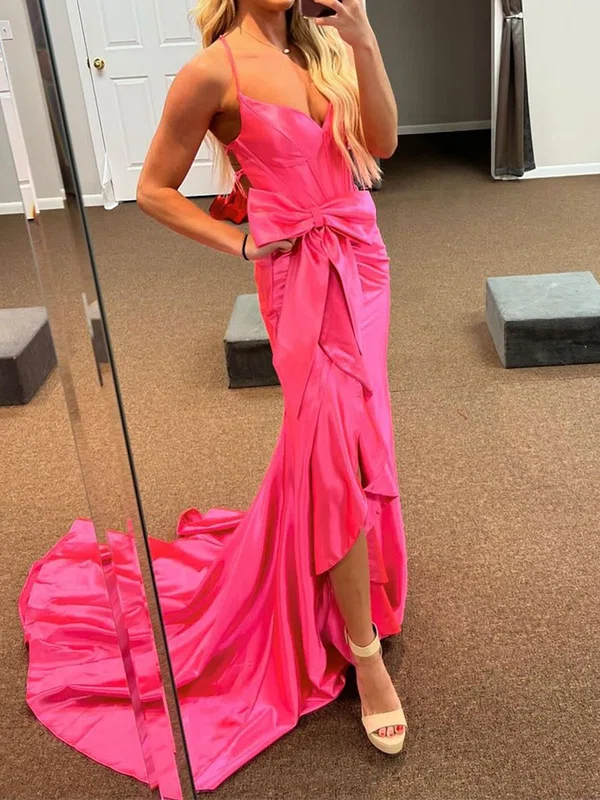 Elegant Sheath/Column Satin V-neck Ruffle Bow Prom Dresses #Milly020125700