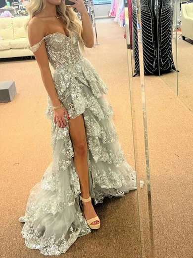 Ball Gown Off-the-shoulder Tulle Tiered Prom Dresses With Appliques #Milly020125719