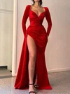 Elegant Sheath/Column Satin V-neck Split Prom Dresses #Milly020125727