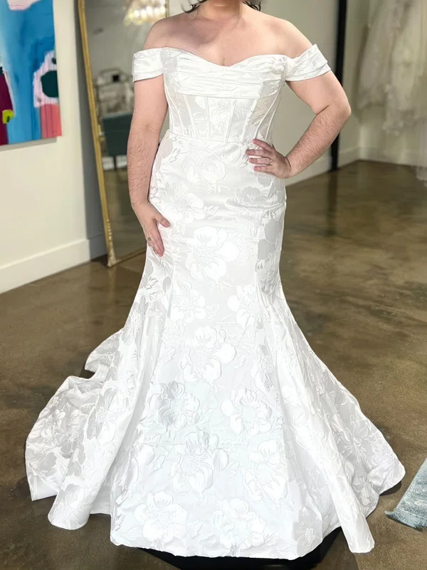 Trumpet/Mermaid Off-the-shoulder Satin Sweep Train Wedding Dresses With Flower(s) #Milly00028974