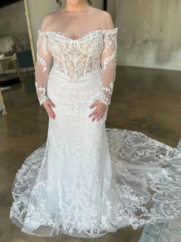 Trumpet/Mermaid Off-the-shoulder Glitter Court Train Wedding Dresses With Appliques Lace #Milly00028975