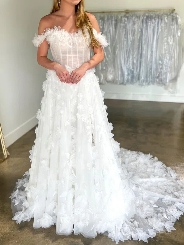 Ball Gown/Princess Off-the-shoulder Tulle Sweep Train Wedding Dresses With Ruffles #Milly00028980