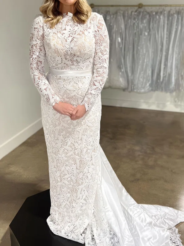 Sheath/Column High Neck Lace Satin Court Train Wedding Dresses With Bow #Milly00028981