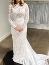 Sheath/Column High Neck Lace Satin Court Train Wedding Dresses With Bow #Milly00028981