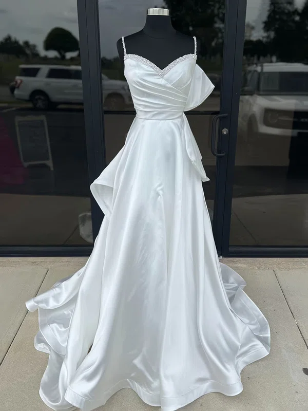 Ball Gown/Princess V-neck Satin Sweep Train Wedding Dresses With Pearl Detailing #Milly00028982