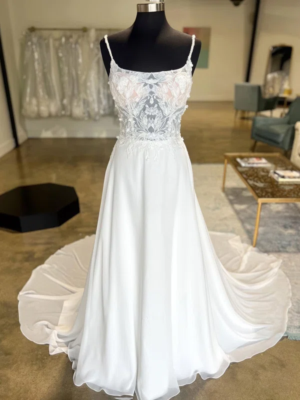 A-line Scoop Neck Chiffon Court Train Wedding Dresses With Appliques Lace #Milly00028983
