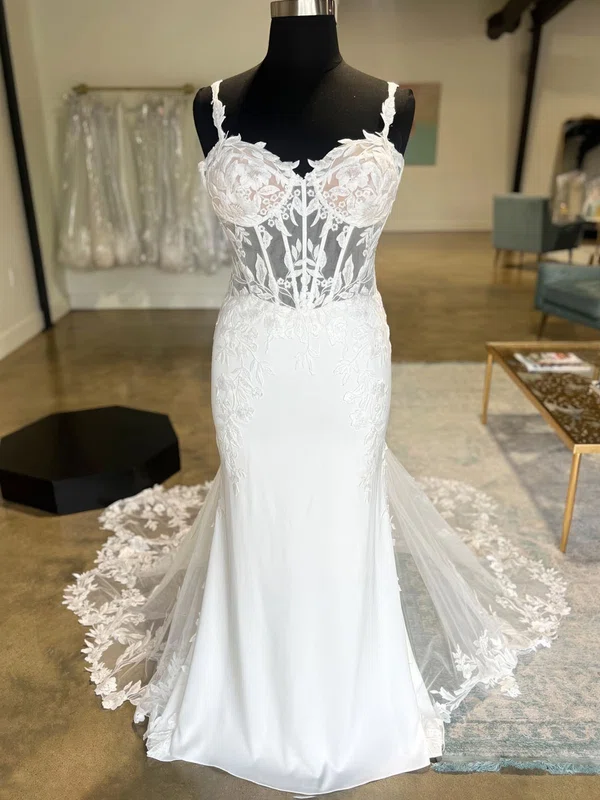 Sheath/Column Sweetheart Tulle Stretch Crepe Court Train Wedding Dresses With Appliques Lace #Milly00028984