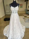 Ball Gown/Princess Scoop Neck Glitter Sweep Train Wedding Dresses With Appliques Lace #Milly00028985