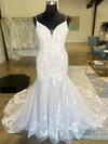 Trumpet/Mermaid V-neck Glitter Tulle Court Train Wedding Dresses With Appliques Lace #Milly00028986
