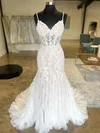 Trumpet/Mermaid V-neck Tulle Sweep Train Wedding Dresses With Ruffles #Milly00028987