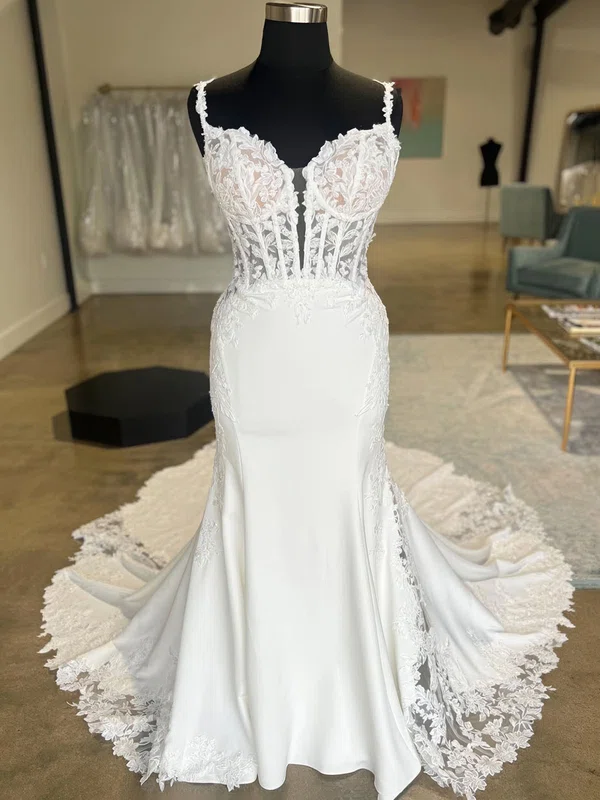 Trumpet/Mermaid Sweetheart Stretch Crepe Court Train Wedding Dresses With Appliques Lace #Milly00028989
