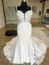 Trumpet/Mermaid Sweetheart Stretch Crepe Court Train Wedding Dresses With Appliques Lace #Milly00028989