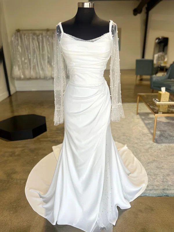 Sheath/Column Cowl Neck Satin Sweep Train Wedding Dresses With Pearl Detailing #Milly00028990