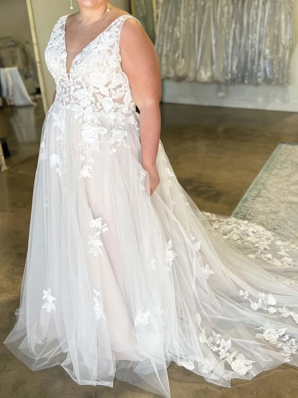 Ball Gown/Princess V-neck Tulle Sweep Train Wedding Dresses With Ruched #Milly00028991
