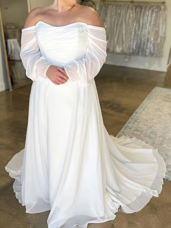 A-line Off-the-shoulder Chiffon Sweep Train Wedding Dresses With Ruched #Milly00028993