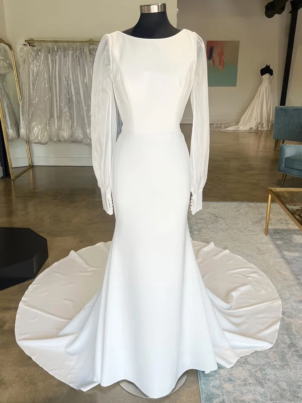 Sheath/Column Scoop Neck Stretch Crepe Court Train Wedding Dresses #Milly00028994