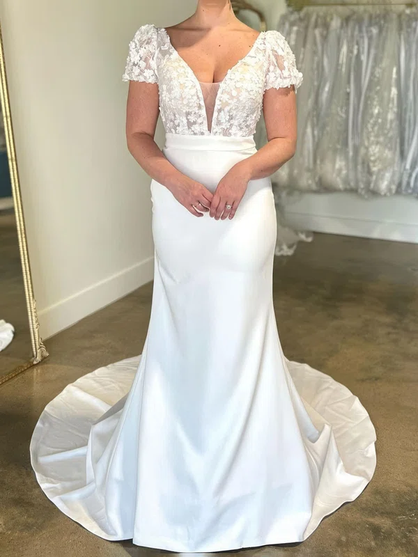 Sheath/Column V-neck Stretch Crepe Sweep Train Wedding Dresses With Appliques Lace #Milly00028996