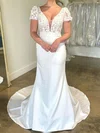 Sheath/Column V-neck Stretch Crepe Sweep Train Wedding Dresses With Appliques Lace #Milly00028996