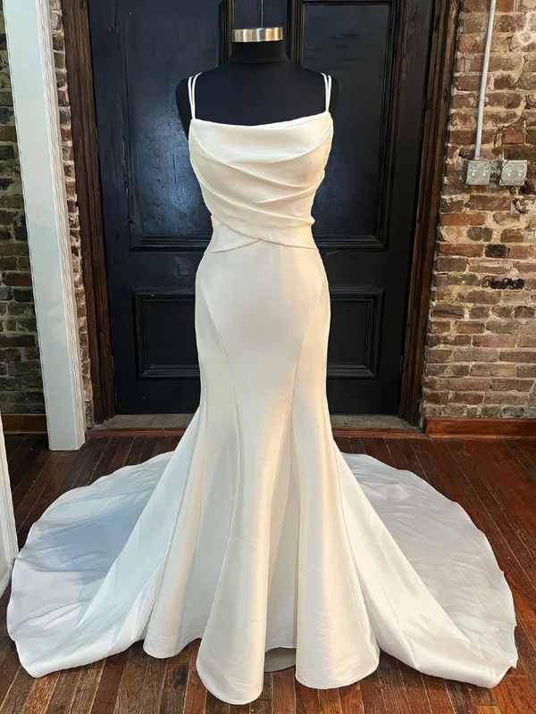Trumpet/Mermaid Cowl Neck Satin Sweep Train Wedding Dresses With Ruched #Milly00028998