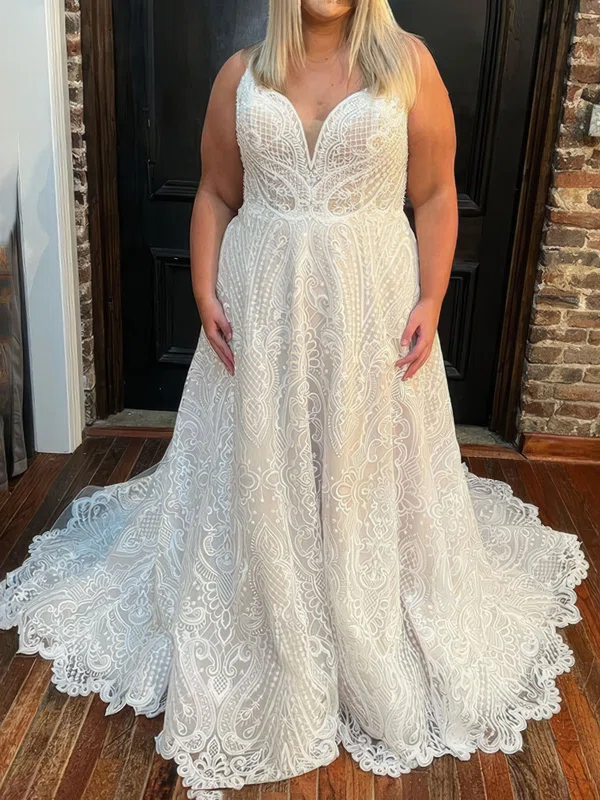 Ball Gown/Princess V-neck Lace Sweep Train Wedding Dresses #Milly00028999