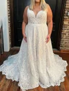 Ball Gown/Princess V-neck Lace Sweep Train Wedding Dresses #Milly00028999