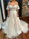 Ball Gown/Princess Off-the-shoulder Tulle Sweep Train Wedding Dresses With Appliques Lace #Milly00029000