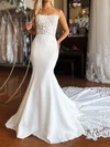 Trumpet/Mermaid Square Neck Stretch Crepe Sweep Train Wedding Dresses With Appliques Lace #Milly00029003