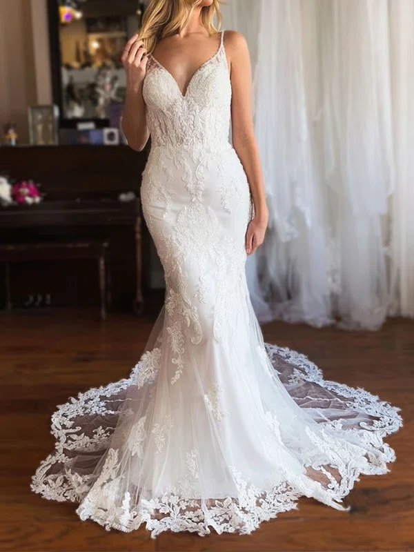 Trumpet/Mermaid V-neck Lace Tulle Sweep Train Wedding Dresses With Appliques Lace #Milly00029005