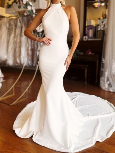 Trumpet/Mermaid Halter Stretch Crepe Sweep Train Wedding Dresses #Milly00029006