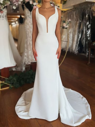 Sheath/Column V-neck Stretch Crepe Sweep Train Wedding Dresses #Milly00029010